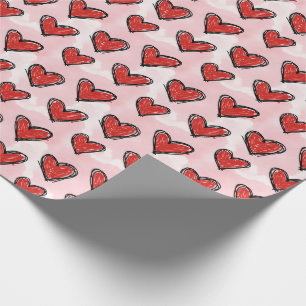 Schattige kinderkunst stijl rode harten op roze wa cadeaupapier
