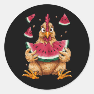 Schattige Kip Eet Watermeloen Fruit Zomer Mannen W Ronde Sticker