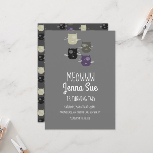 Schattige Kitten Birthday Party Grey Cat Invitatio Kaart (Voorkant / Achterkant in situ)