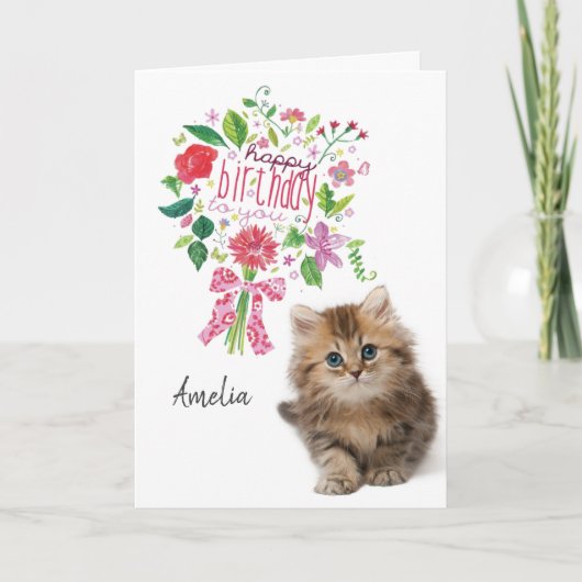 Schattige Kitten Bloemen Boeket Verjaardag Kaart (Voorkant)
