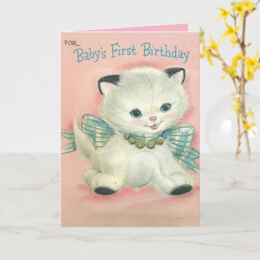 Schattige kitten Een jaar oude verjaardag Kaart (Gele Bloem)