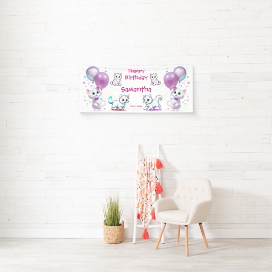 Schattige kitten en ballon peuter Happy Birthday Spandoek (Insitu)