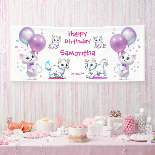 Schattige kitten en ballon peuter Happy Birthday Spandoek (Feest)