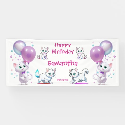 Schattige kitten en ballon peuter Happy Birthday Spandoek (Horizontaal)
