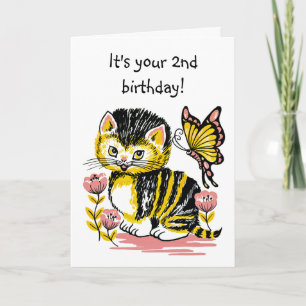 Schattige Kitten en Vlinder Tweede Verjaardag Kaar Kaart
