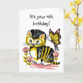Schattige Kitten en Vlinder Vierde Verjaardag Kaar Kaart (Gele Bloem)