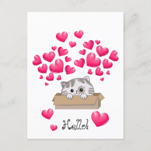 Schattige kitten in een doos en roze harten briefkaart