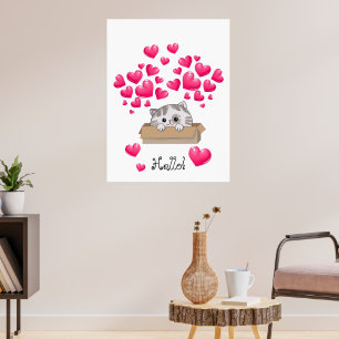 Schattige kitten in een doos en roze harten poster