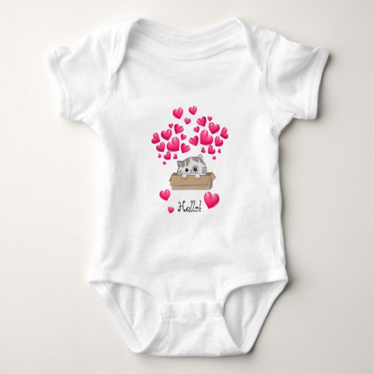 Schattige kitten in een doos en roze harten romper (Voorkant)