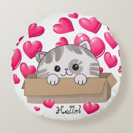 Schattige kitten in een doos en roze harten rond kussen (Voorkant)