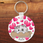 Schattige kitten in een doos en roze harten sleutelhanger (Voorkant)