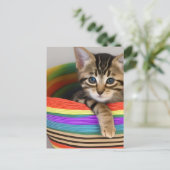 Schattige kitten in een kleurrijke mand briefkaart (Staand voorkant)