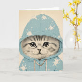 Schattige kitten in een pastelblauwe hoodie kaart (Gele Bloem)
