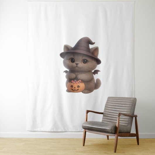 Schattige kitten in Halloween heksenkostuum met Pu Wandkleed (In situ)