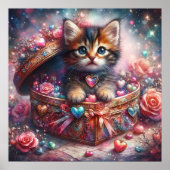 Schattige Kitten In Hartendoos Met Bloemen Poster (Voorkant)