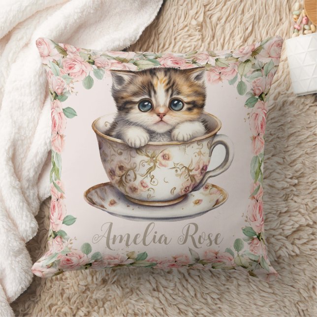 Schattige kitten kat in thee cup blush roze bloemi kussen (Deken)