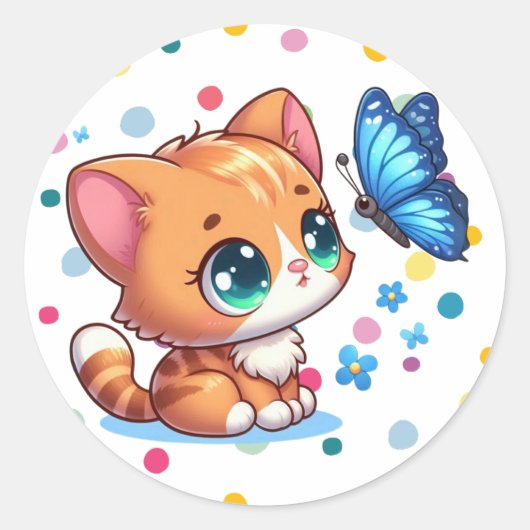 Schattige kitten/kat & vlinder ronde sticker (Voorkant)
