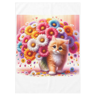 Schattige kitten met kleurrijk bloemenboeket tafelkleed