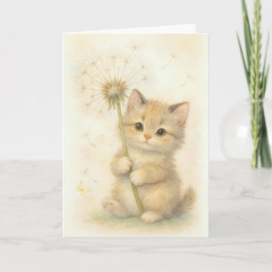 Schattige kitten met paardenbloem en vlinder blanc kaart