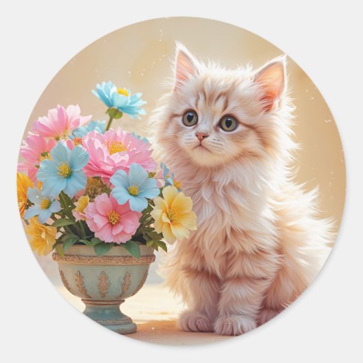 Schattige kitten met pastelbloemen ronde sticker (Voorkant)