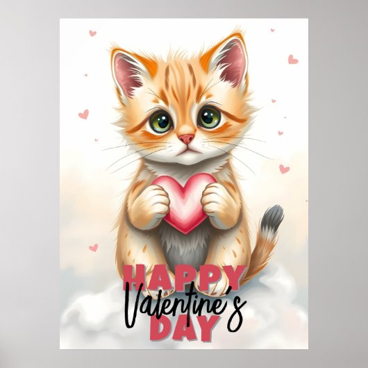 Schattige kitten met roze hart Valentijnsdag Poster (Voorkant)