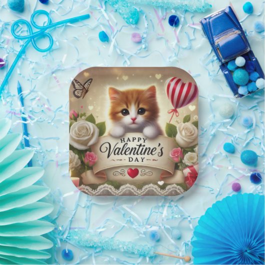 Schattige kitten met Rozen, kaarsen en harten Papieren Bordje (Feest)