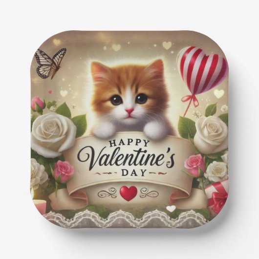 Schattige kitten met Rozen, kaarsen en harten Papieren Bordje (Voorkant)