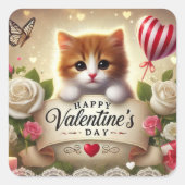 Schattige kitten met Rozen, kaarsen en harten Vierkante Sticker (Voorkant)