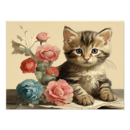  Schattige Kitten Portret Zachte Kleur Bloemen Foto Afdruk
