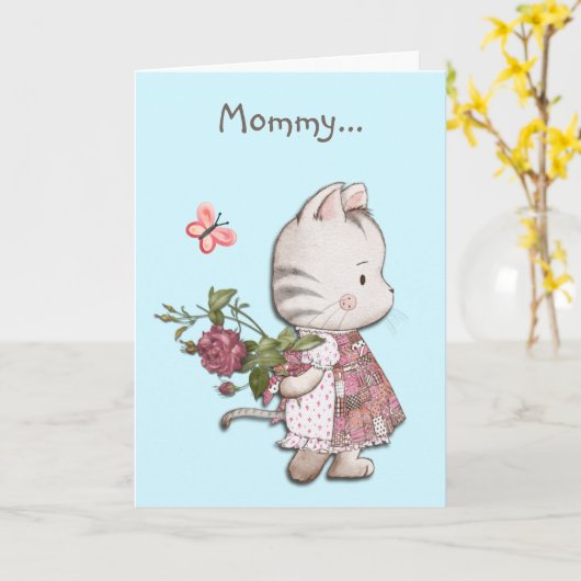 Schattige Kitten Roos en Hart Moederdag Kaart (Gele Bloem)