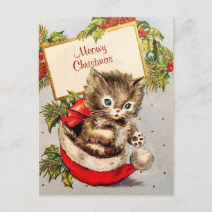 Schattige Kitten Sitting Santa Hat Meowy Kerstmis Briefkaart