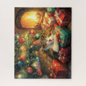 Schattige kitten slaapt onder een kerstboom legpuzzel (Verticaal)