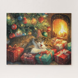 Schattige kitten slaapt onder een kerstboom legpuzzel