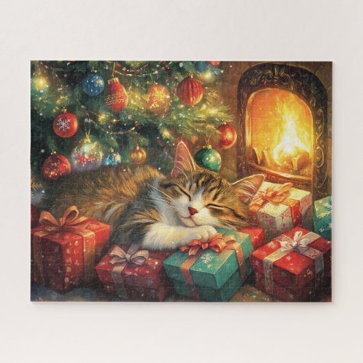 Schattige kitten slaapt onder een kerstboom legpuzzel (Horizontaal)