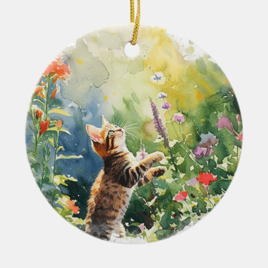 SCHATTIGE KITTEN SPELEN MET LENTEBLOEMEN KERAMISCH ORNAMENT (Voorkant)
