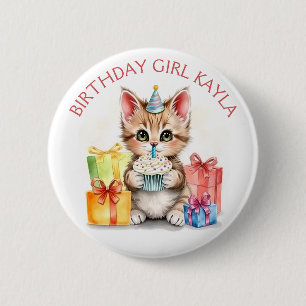 Schattige Kitten thema Verjaardagsmeisje gepersona Ronde Button 5,7 Cm