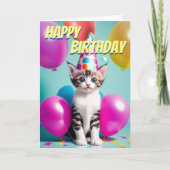 Schattige kitten verjaardagsballonnen viering kaart (Voorkant)