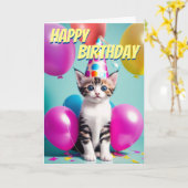 Schattige kitten verjaardagsballonnen viering kaart (Gele Bloem)