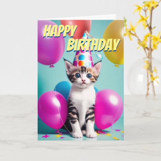 Schattige kitten verjaardagsballonnen viering kaart (Gele Bloem)