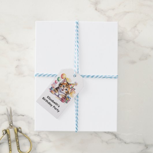 Schattige Kitten Waterverf Verjaardagsfeest Bedank Cadeaulabel (Met Touw)