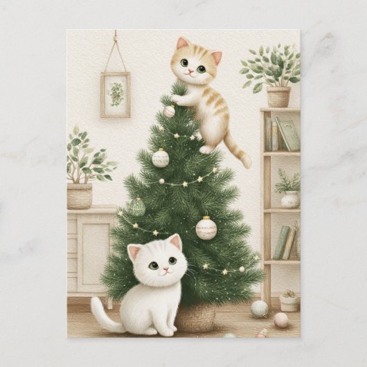 Schattige Kittens Spelen met Kerstboom Feestdagenkaart (Voorkant)