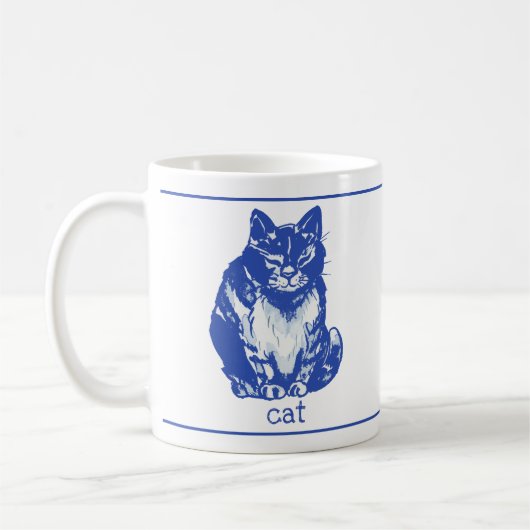 Schattige Kitty Cat Blauw Wit Boerderij Rustiek Koffiemok (Links)