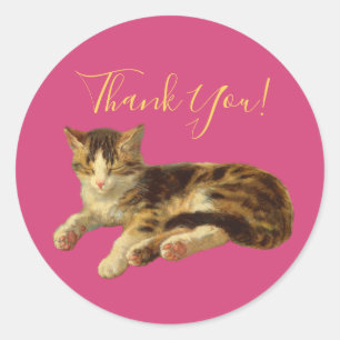 Schattige Kitty Cat Dank u Magenta Gold Script Ronde Sticker