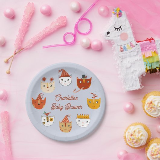 Schattige Kitty Cat gepersonaliseerd Baby shower Papieren Bordje (Feest)