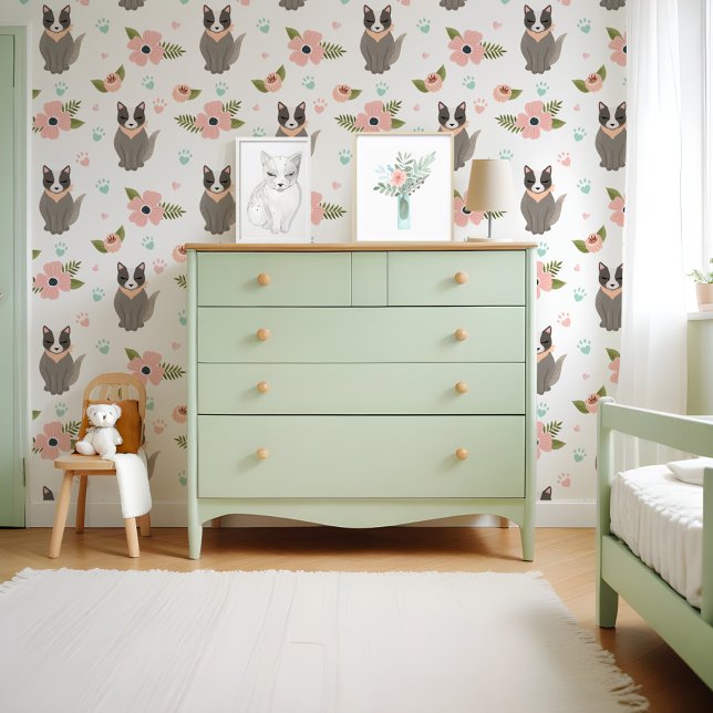 Schattige Kitty Cat Paw Print bloemenmotief Behang (Cute Kitty Cat Paw Print Floral Pattern Wallpaper)