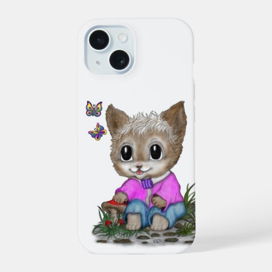 Schattige Kitty Kat en Vlinder iPhone 15 Case (Achterkant)