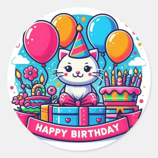 Schattige Kitty Kat Verjaardag Ronde Sticker (Voorkant)