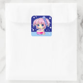 Schattige klein anime meisje met verjaardagstaart vierkante sticker (Tas)