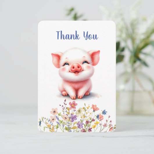 Schattige klein biggetje Wildbloemen plat bedankje Bedankkaart (Staand voorkant)