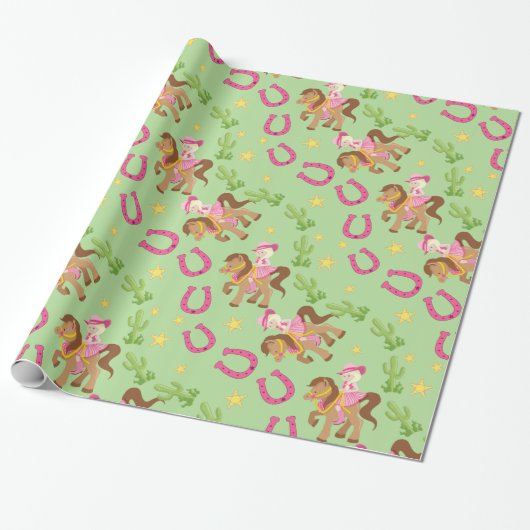 Schattige klein cowgirl patroon cadeaupapier (Uitgerold)